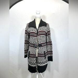Cambridge Dry Goods Lambswool Duster Sweater Size M Black Red Fair Isle Boho